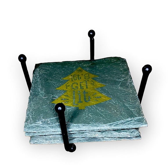 New Slate Stone Gold Christmas Tree Drink Coaster Set - Picture 2 of 6